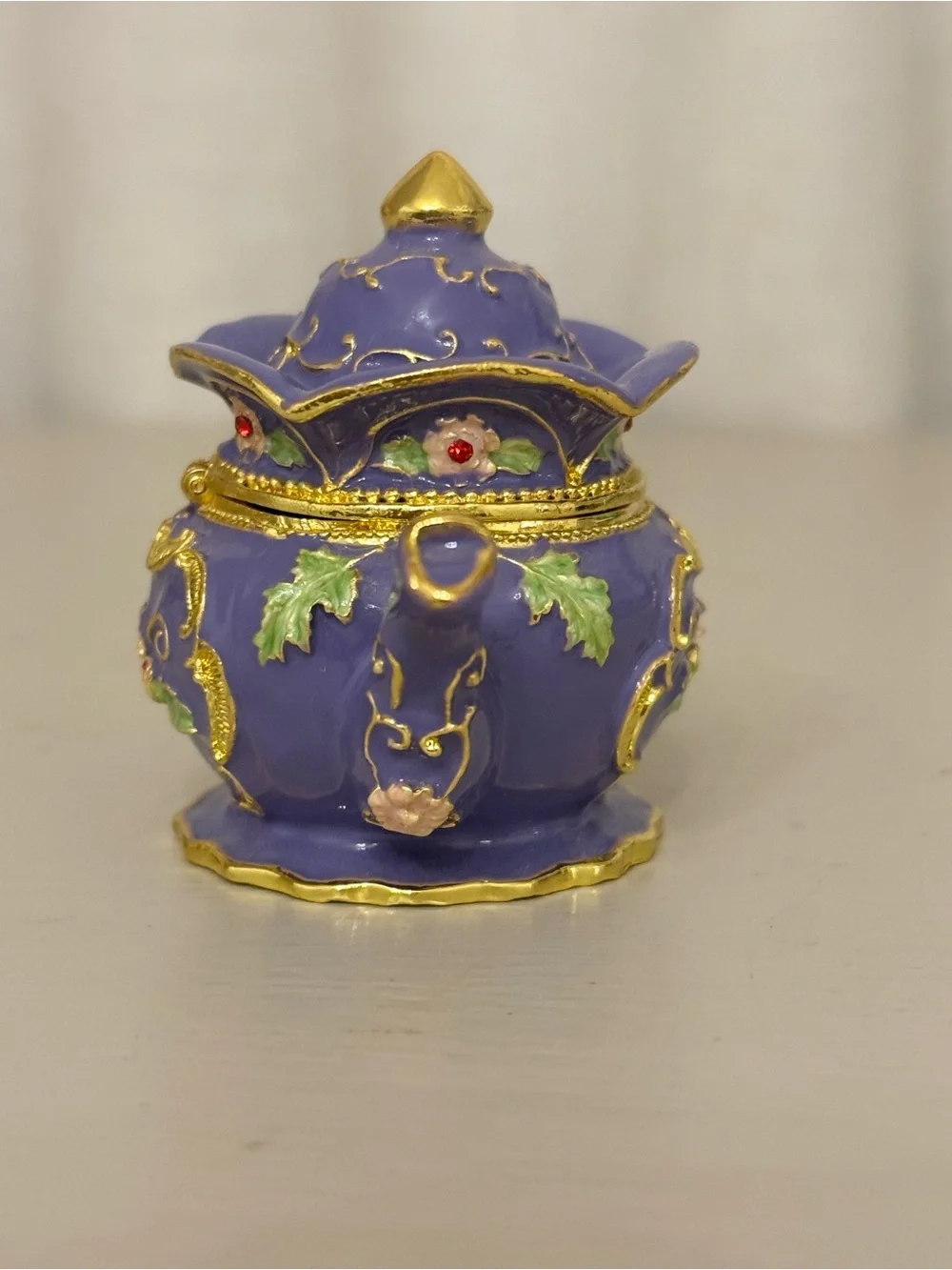 Bejeweled Purple Teapot Hinged Trinket Box Jeweled Enamel Miniature Ring Holder